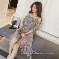 Summer new word collar strap broken flower sweet han edition of even the garment skirt long big dew shoulder chiffon dress